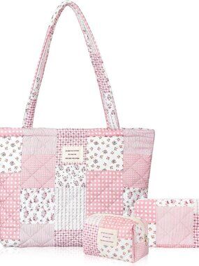 3 Pcs Floral Quilted Bag Set for Women Patchwork Cotton Shoulder Bag Makeup Pouc